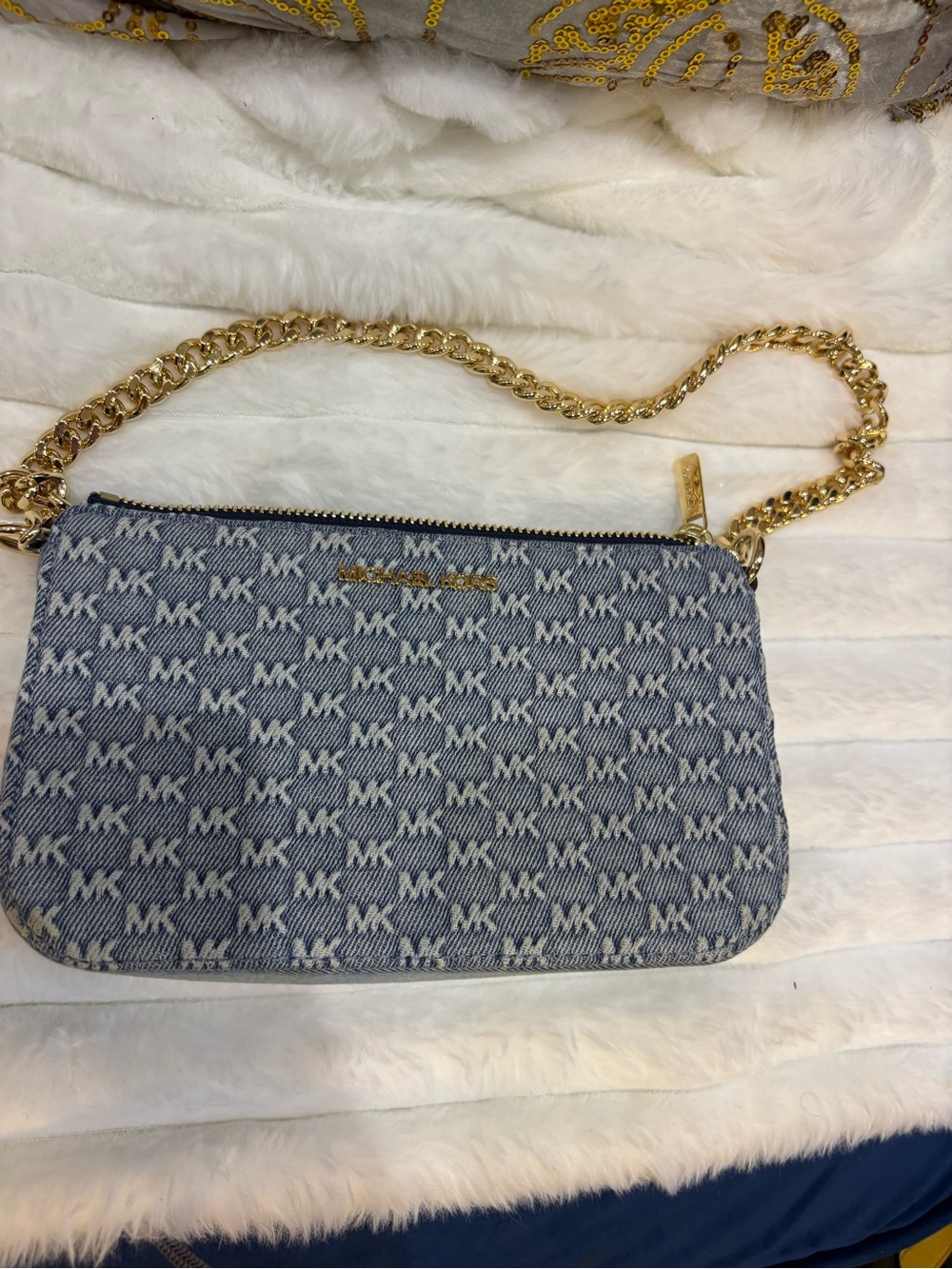 Michael Kors Denim Blue Logo Chain Crossbody Bag with Gold Hardware